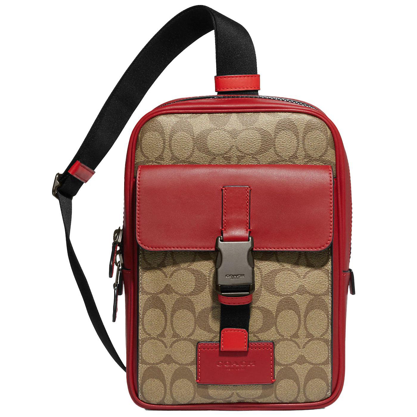 Coach (CE543) Track Colorblock Khaki Canvas Red Leather Logo Stamp Backpack  Bag 