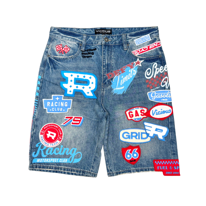 Premium Patch Denim Shorts (Light Blue)