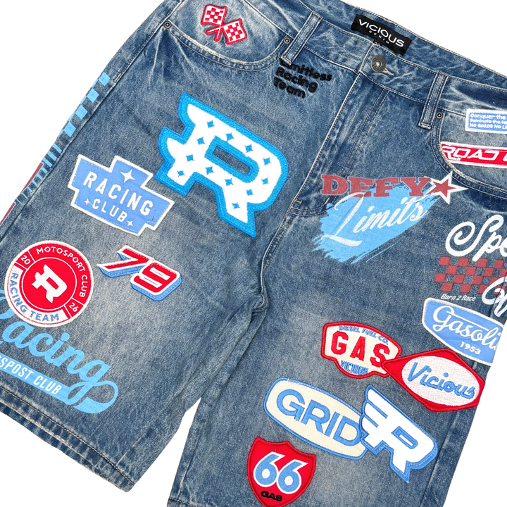 Premium Patch Denim Shorts (Light Blue)