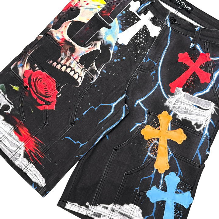 Premium Patch Denim Shorts (Black)