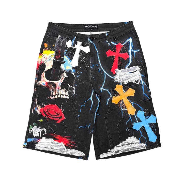 Premium Patch Denim Shorts (Black)