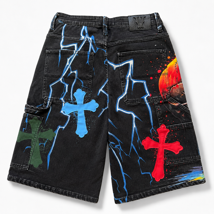 Premium Patch Denim Shorts (Black)