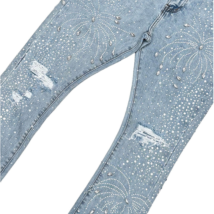 Embellished Rhinestone Stack Denim (Light Blue)