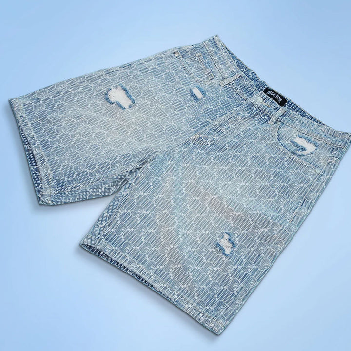 Ski Mask Pattern Distressed Shorts