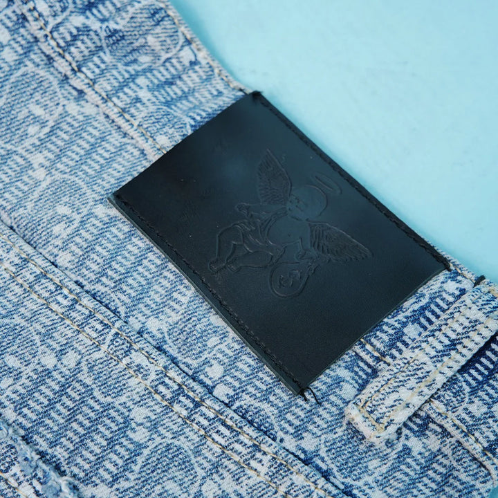 Ski Mask Pattern Distressed Shorts