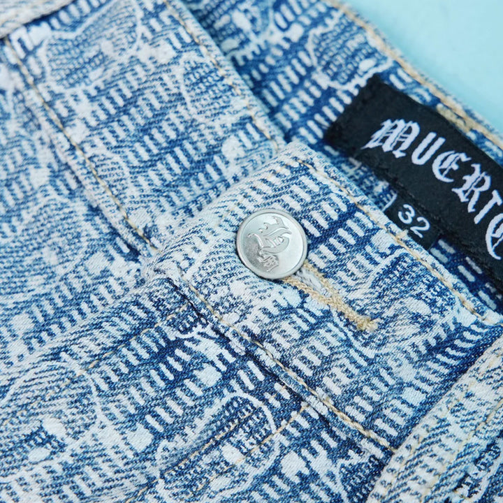 Ski Mask Pattern Distressed Shorts