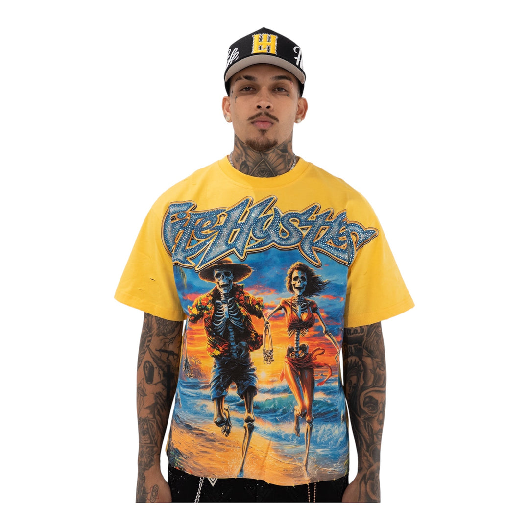 LH Skull Couple Rhinestone Tee (Yellow)