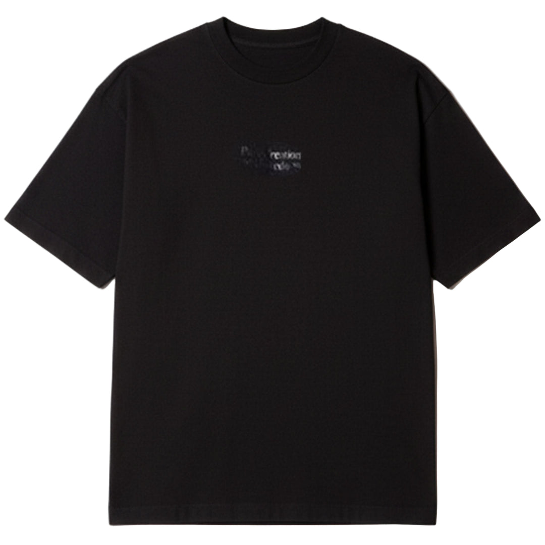 Black t-shirt with a small logo on a white background