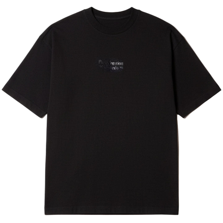 Black t-shirt with a small logo on a white background