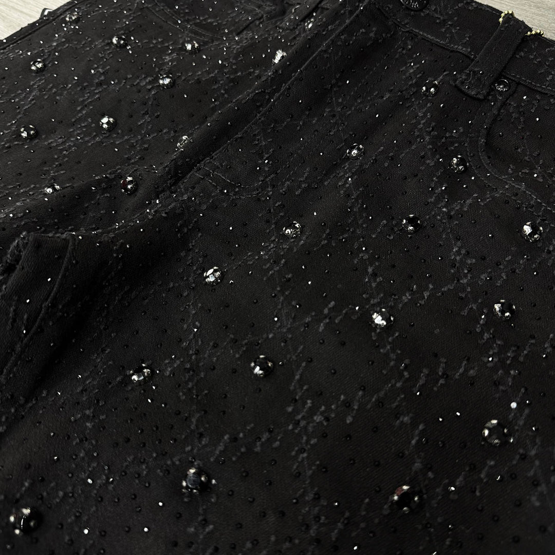Embellished Rhinestone Flare Denim (Black)