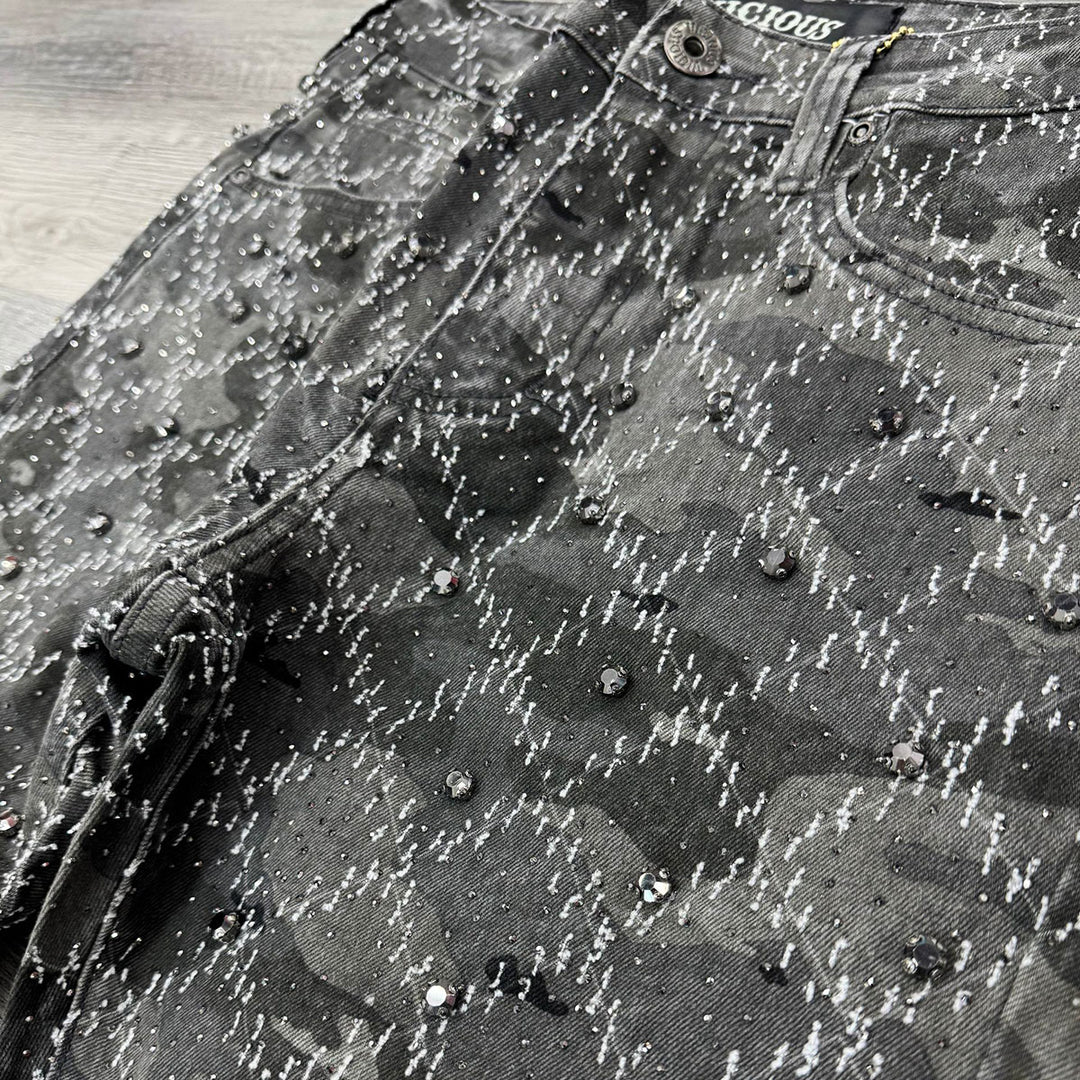 Embellished Rhinestone Flare Denim (Grey)