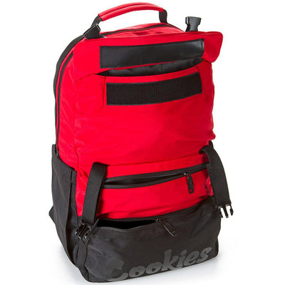Parks Utility Sateen Bomber Nylon Backpack (Red) Open | Cookies Clothing